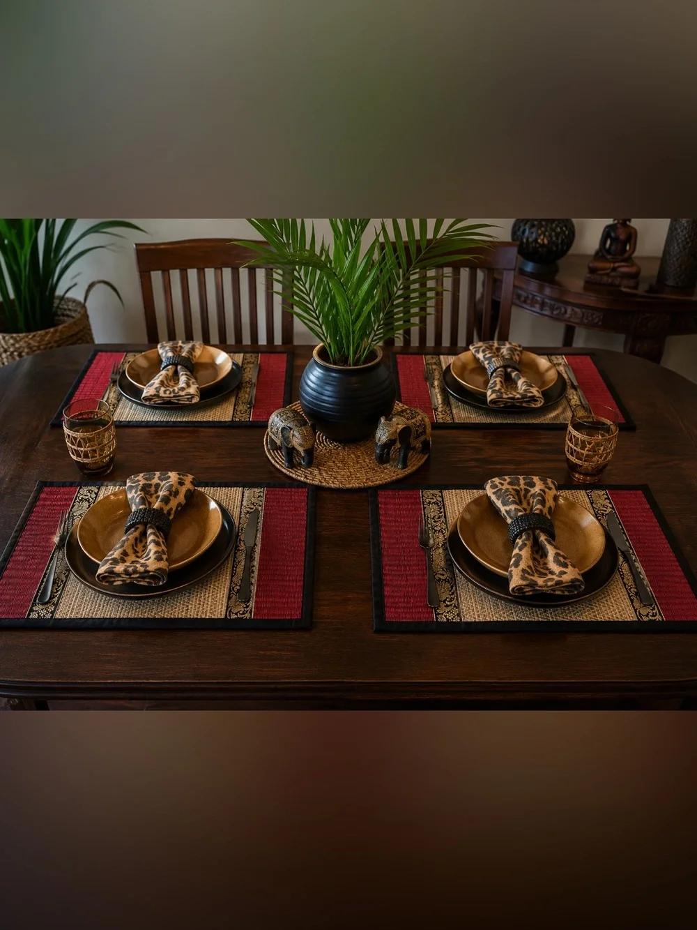 NWOT African Safari Woven Bamboo Placemats Set of 4 + 3 Matching Elephant Coaste